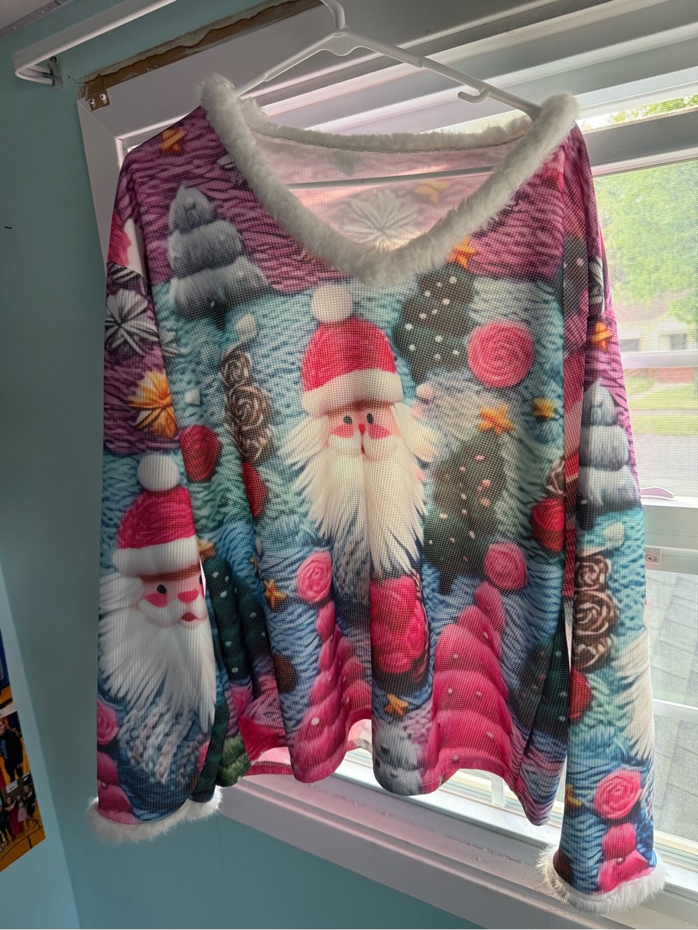 Amazon Women's V-Neck Holiday Sweater in Pink, Red, Blue, White